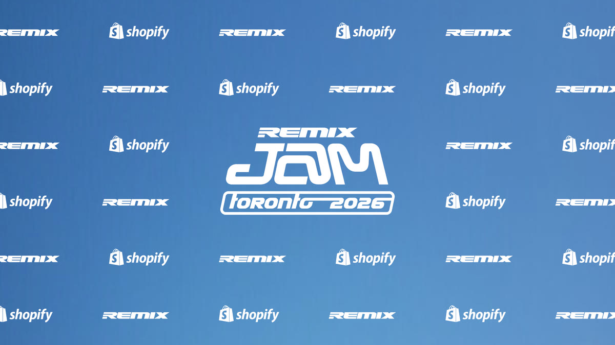 Remix Jam Toronto 2026 backdrop with the Remix Jam logo in the center, surrounded by a repeating pattern of Remix and Shopify logos on a blue gradient